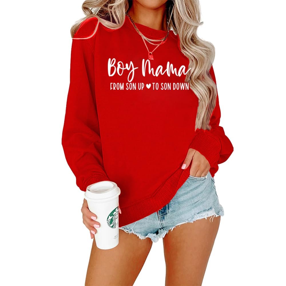 Fiogomis Boy Mama from Son up to Son down Sweatshirt Boy Mama Sweatshirt Mom Life Shirt Funny Mom Saying Shirt Mothers Day Red