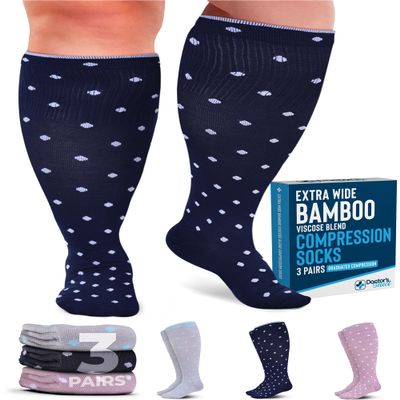 Doctor's Select 3 Pairs Plus Size Compression Socks Wide Calf | Bamboo Viscose Knee High Socks for Circulation Support | Wide Calf | Pink, Navy, Light Grey (Polkadots)