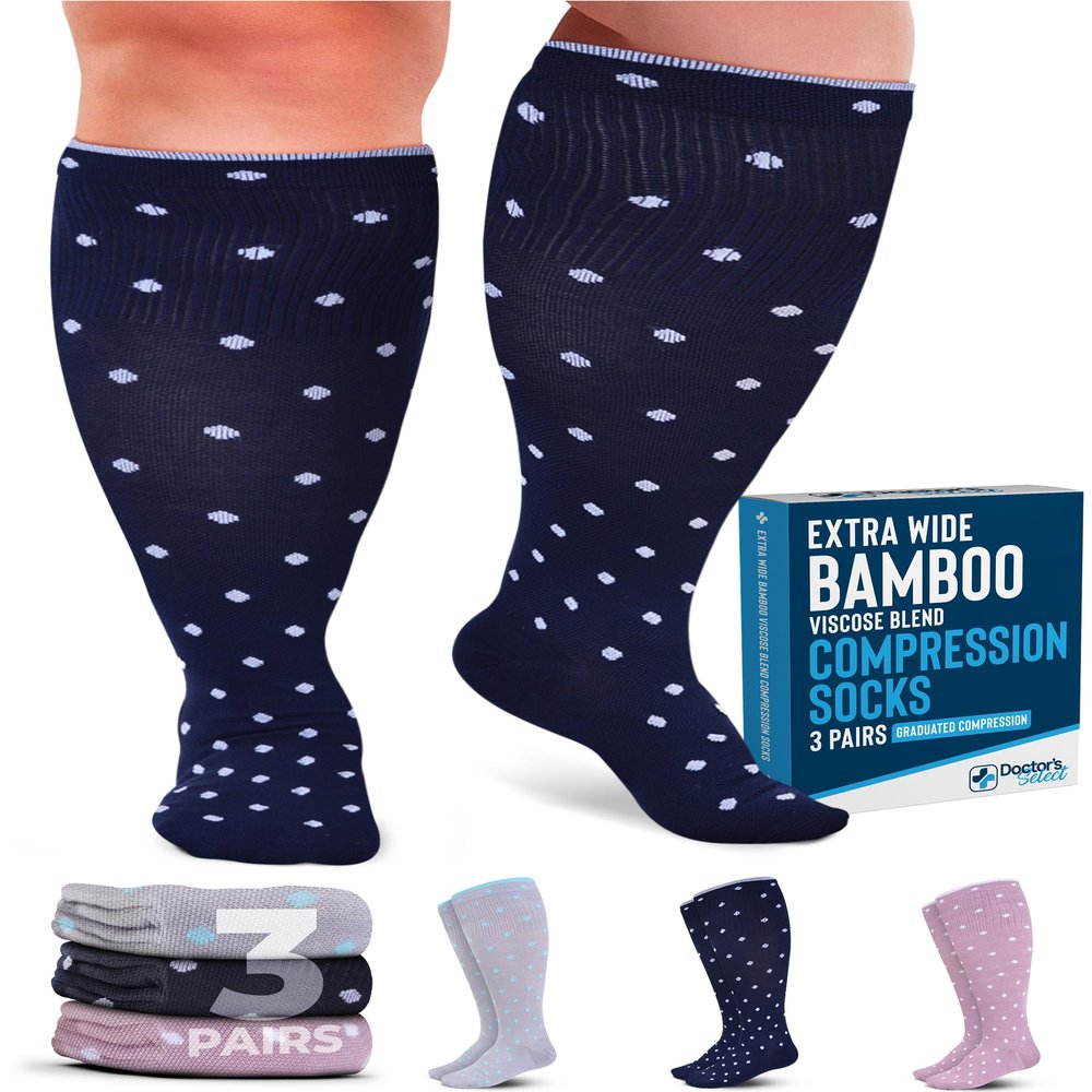 Doctor's Select 3 Pairs Plus Size Compression Socks Wide Calf | Bamboo Viscose Knee High Socks for Circulation Support | Wide Calf | Pink, Navy, Light Grey (Polkadots)