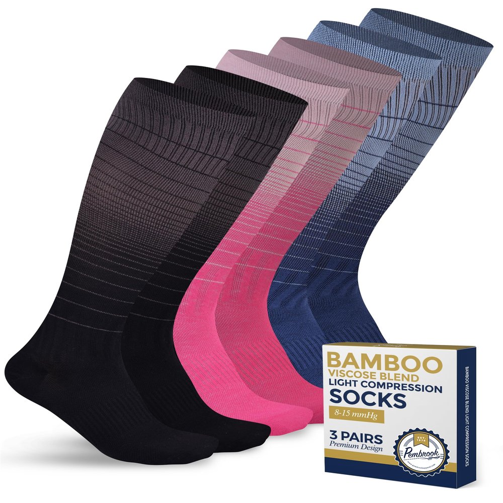 Pembrook Bamboo Viscose Light Compression Socks - 3 Pairs | 8-15 mmHg | Black, Blue, Pink Graduated Stripes | Mens and Womens for Circulation
