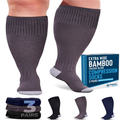 Doctor's Select 3 Pairs Plus Size Compression Socks Wide Calf | Bamboo Viscose Knee High Socks for Circulation Support | Black, Gray, Navy