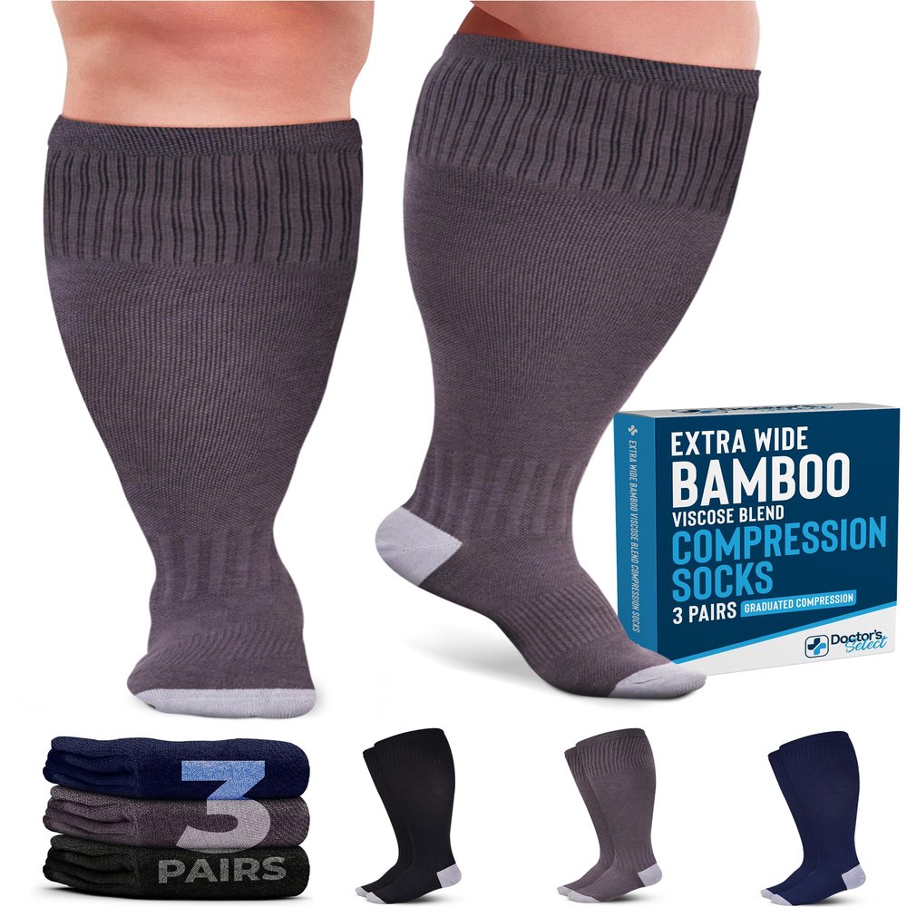 Doctor's Select 3 Pairs Plus Size Compression Socks Wide Calf | Bamboo Viscose Knee High Socks for Circulation Support | Black, Gray, Navy