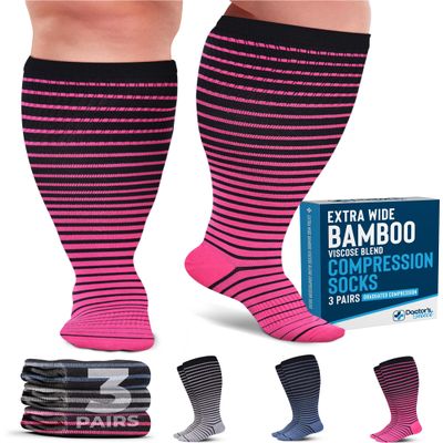 Doctor's Select 3 Pairs Plus Size Compression Socks Wide Calf | Bamboo Viscose Knee High Socks | Extra Wide Calf Compression Socks | Pink, Cobalt Blue, Grey (Black Stripes)
