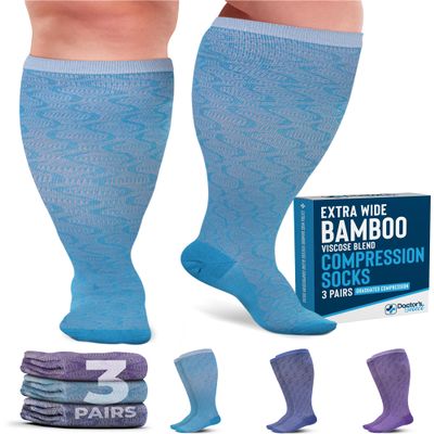 Doctor's Select 3 Pairs Plus Size Compression Socks Wide Calf | Bamboo Viscose Knee High Socks for Circulation Support | Compression Socks Plus Size | Purple, Indigo, Teal (S Pattern)
