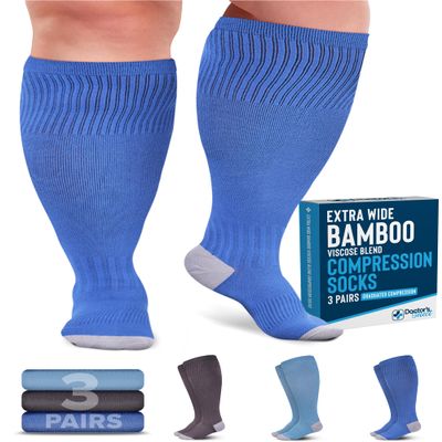 Doctor's Select 3 Pairs Plus Size Compression Socks Wide Calf | Bamboo Viscose Knee High Socks for Circulation Support | Compression Socks for Nurses, Travel, Running | Blue, Teal, Gray