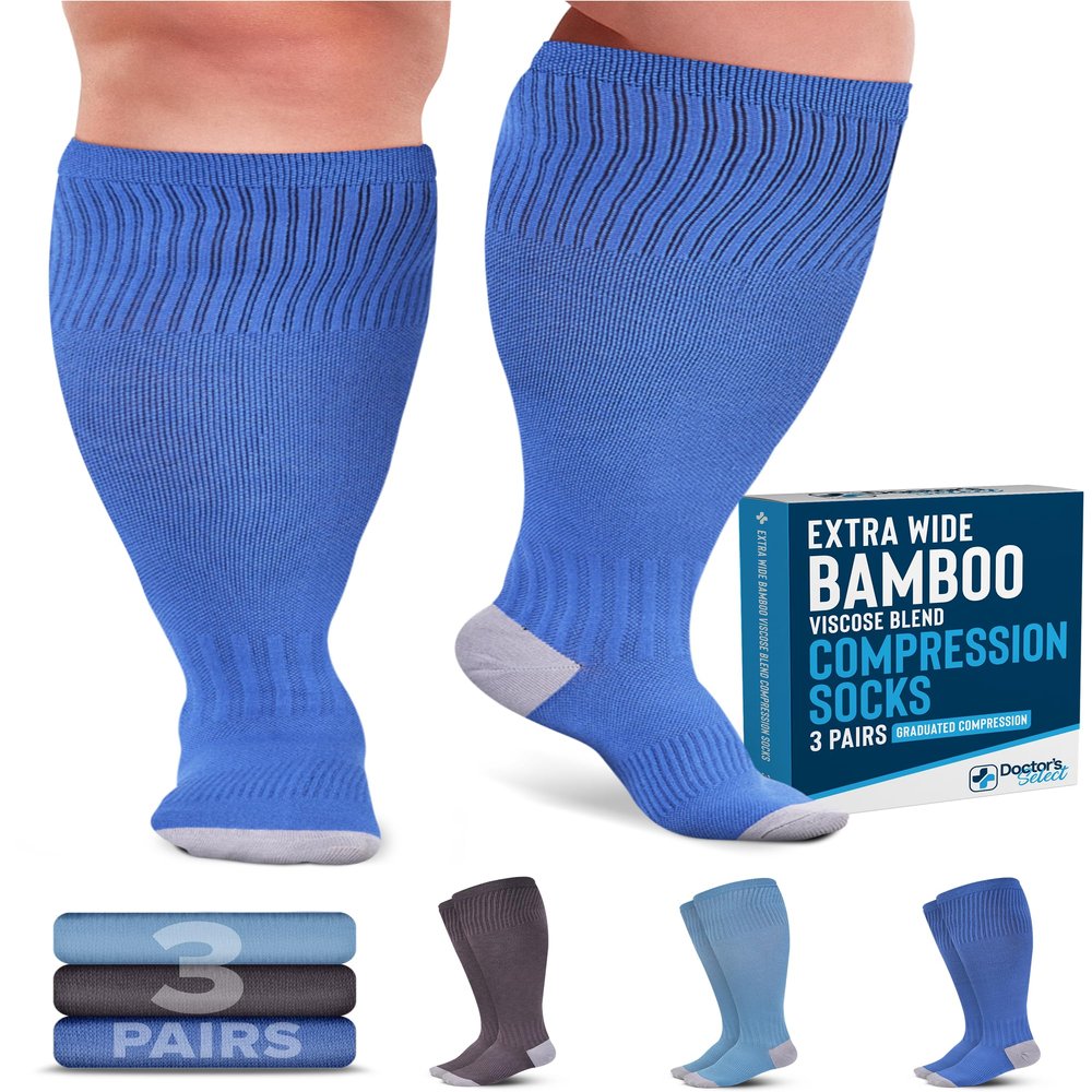 Doctor's Select 3 Pairs Plus Size Compression Socks Wide Calf | Bamboo Viscose Knee High Socks for Circulation Support | Compression Socks for Nurses, Travel, Running | Blue, Teal, Gray