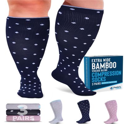 Doctor's Select 3 Pairs Plus Size Compression Socks Wide Calf | Bamboo Viscose Knee High Socks for Circulation Support | Wide Calf | Pink, Navy, Light Grey (Polkadots)