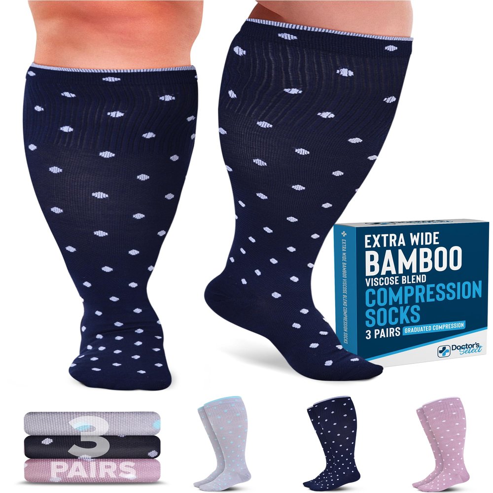 Doctor's Select 3 Pairs Plus Size Compression Socks Wide Calf | Bamboo Viscose Knee High Socks for Circulation Support | Wide Calf | Pink, Navy, Light Grey (Polkadots)