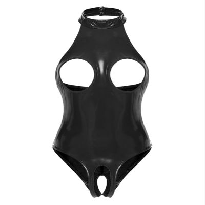 ACSUSS Womens Shiny Leather Lingerie Bodysuit Hollow Out Open Cups Leotard Catsuit Clubwear Black X-Large