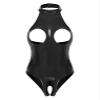 ACSUSS Womens Shiny Leather Lingerie Bodysuit Hollow Out Open Cups Leotard Catsuit Clubwear Black X-Large view 1