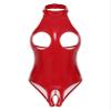 ACSUSS Womens Shiny Leather Lingerie Bodysuit Hollow Out Open Cups Leotard Catsuit Clubwear Red X-Large view 1