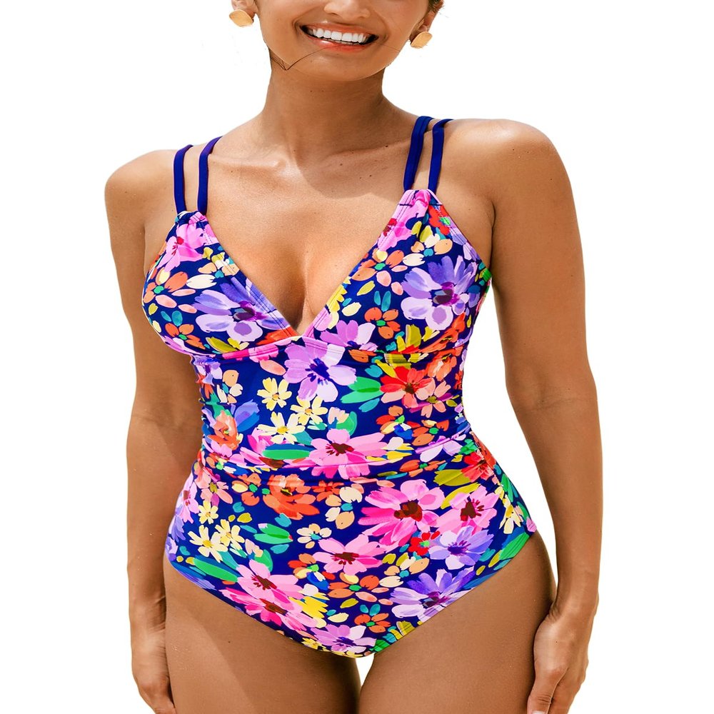 CUPSHE Women's One Piece Swimsuit V Neck Tummy Control Double Adjustable Straps Back Cutout O-Ring, M Pink Floral