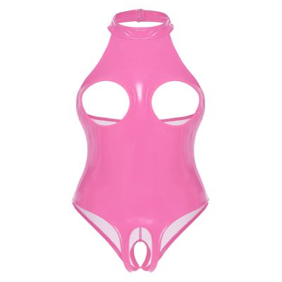 ACSUSS Womens Shiny Leather Lingerie Bodysuit Hollow Out Open Cups Leotard Catsuit Clubwear Pink Small