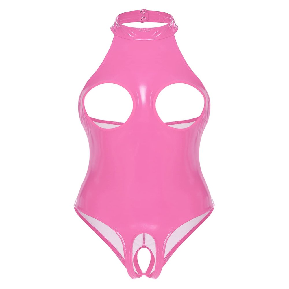 ACSUSS Womens Shiny Leather Lingerie Bodysuit Hollow Out Open Cups Leotard Catsuit Clubwear Pink Small