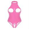 ACSUSS Womens Shiny Leather Lingerie Bodysuit Hollow Out Open Cups Leotard Catsuit Clubwear Pink Small view 1