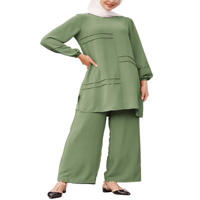 2 Piece Abaya Dress for Women Dubai Islamic Prayer Clothes Modest Two Piece Outfits for Muslim Women Long Sleeve Blouse Wide Leg Pants Suit Ramadan Eid Middle Eastern Plus Size Muslim Dress Green 2XL