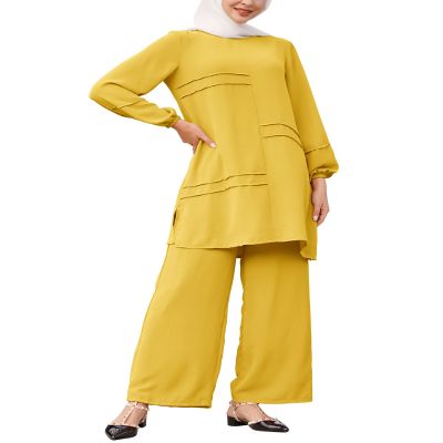 Muslim Casual 2 Piece Set for Women Modest Loose Top Wide Leg Pants Saudi Arabian Dubai Outfits for Women Muslim Prayer Abaya Dress Arab Islamic Two Piece Outfits for Women Prayer Clothes Yellow 2XL