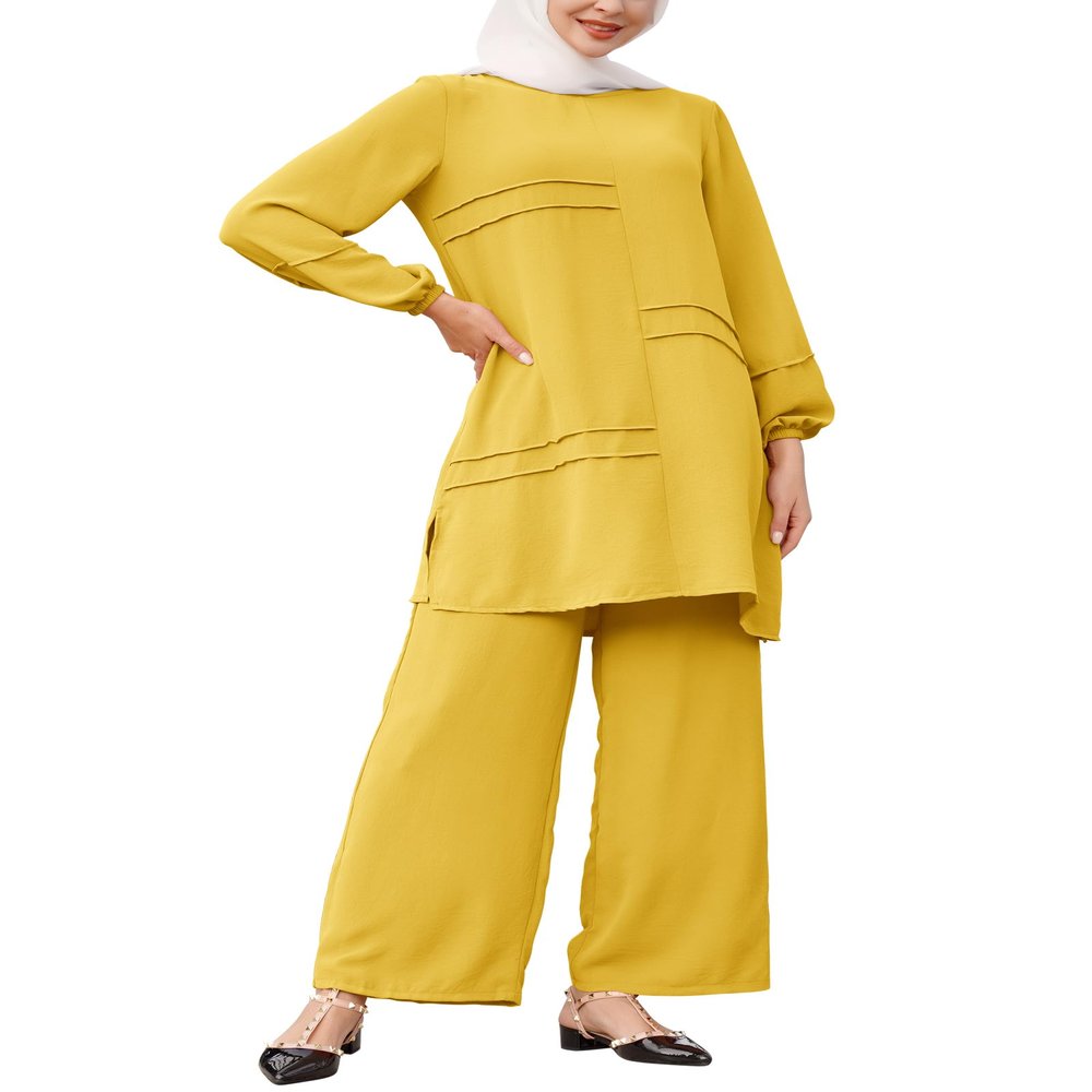 Muslim Casual 2 Piece Set for Women Modest Loose Top Wide Leg Pants Saudi Arabian Dubai Outfits for Women Muslim Prayer Abaya Dress Arab Islamic Two Piece Outfits for Women Prayer Clothes Yellow 2XL