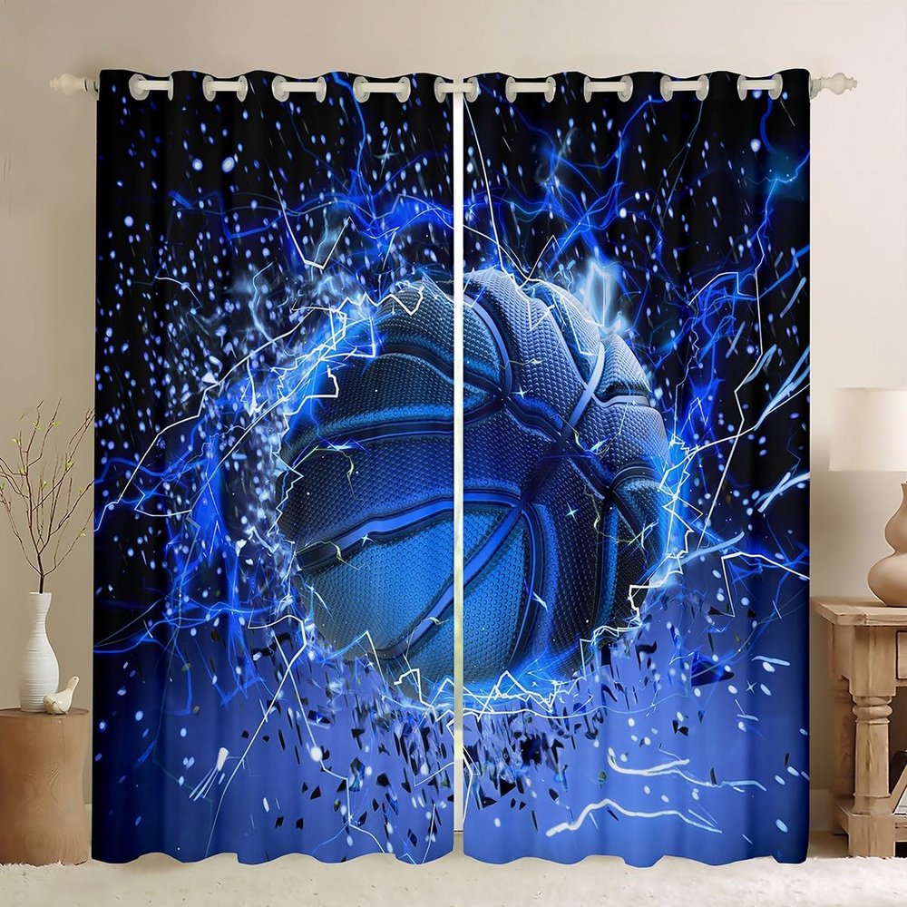 Castle Fairy Basketball Window Drapes Bedroom Decoration,3D Basketball Print Ball Game Window Treatments Polyester 52Wx84L,Sports Theme Lightning Blue Window Curtains (Not Blackout)