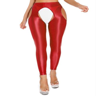 YiZYiF Women's Crotchless Leggings Shapewear Glossy Step on Foot Sports Tights Pants Pantyhose 2#Red A Medium