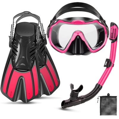 CTSAYTL Snorkeling Gear for Kids Adults, 4 in 1 Travel Mask Fins Snorkel Set with Panoramic View Anti Fog Mask, Dry Top Snorkel, Trek Fins and Travel Bag, Snorkel Gear for Swimming Diving Snorkeling