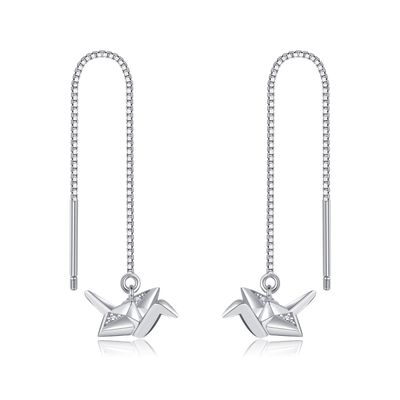 HUKKUN Sterling Silver Paper Crane Earrings, Tassel Threader Earring for Women, Good Luck Gift for Women Girls