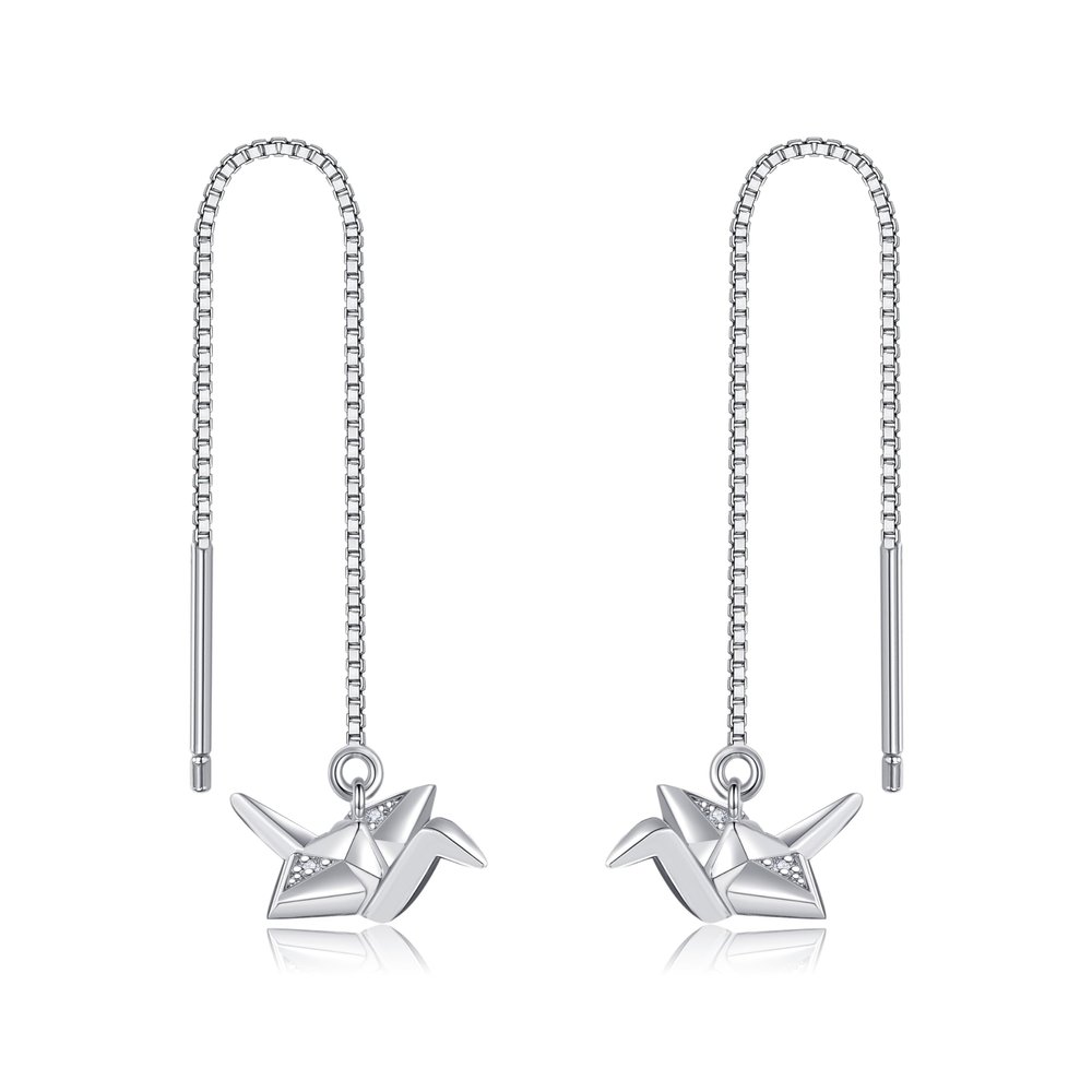 HUKKUN Sterling Silver Paper Crane Earrings, Tassel Threader Earring for Women, Good Luck Gift for Women Girls