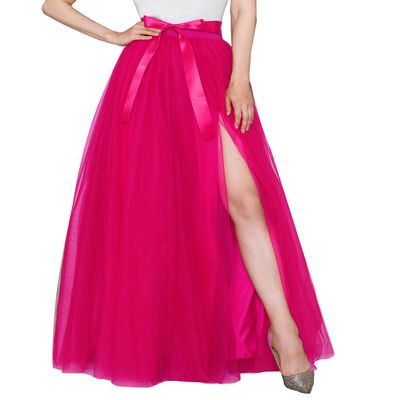 EllieHouse Split Long Floor Length Tulle Skirt for Prom Party Evening Hot Pink L