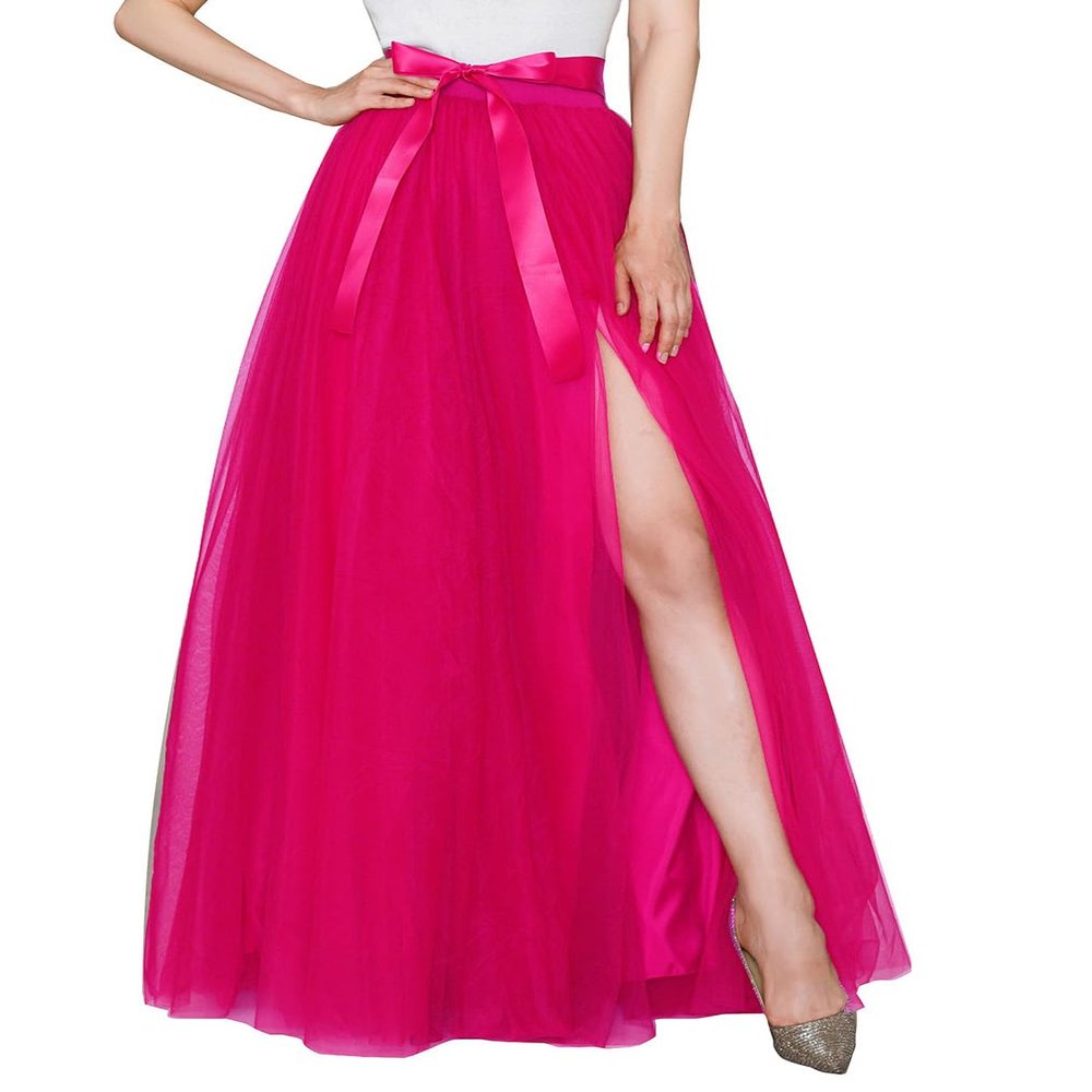 EllieHouse Split Long Floor Length Tulle Skirt for Prom Party Evening Hot Pink L