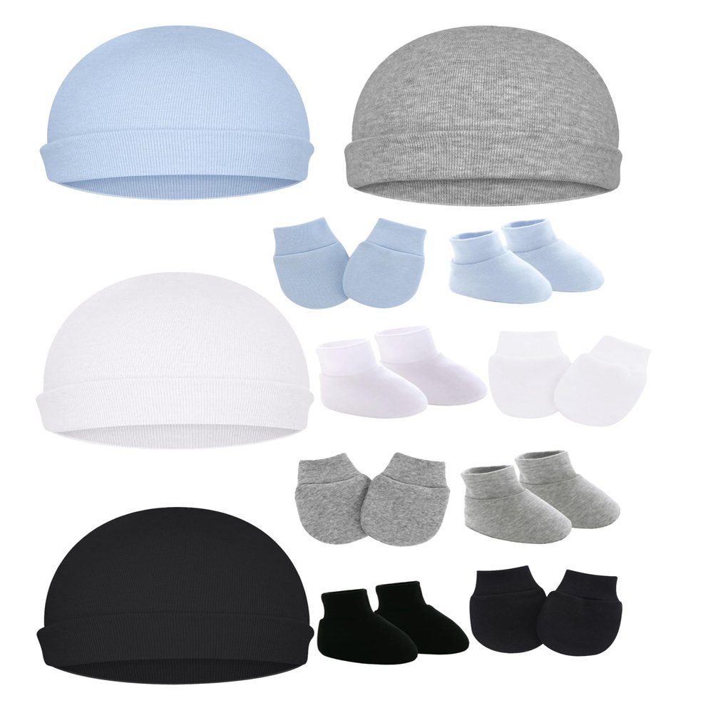 ZURLEFY 4 Pack Cotton Newborn Mittens with Hats Set for Boys, Baby Socks No Scratch Mittens and Beanie Cap for Toddler Infant Newborn Hospital Hat (56-01-4P)