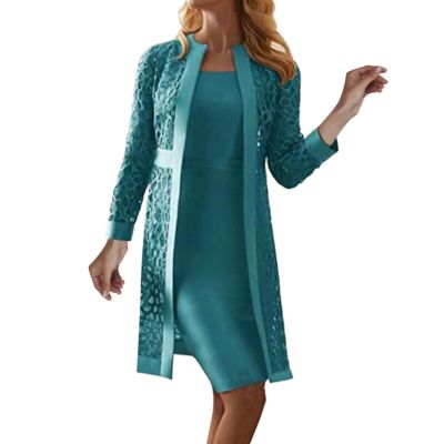 FRETRG 2 Pieces Mother of The Bride Dresses for Wedding with Jacket Knee Length Lace Applique Wedding Guest (X6-Black, L), Large