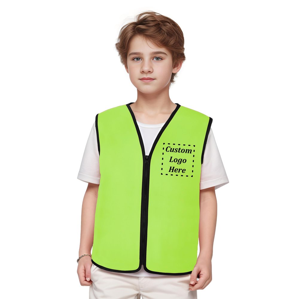 TopTie Custom Child Advertising Vests with Zipper Printed Embroidered Volunteer Vests No Pockets for Kids-Fluorescent Green-M