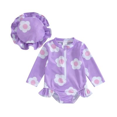 Toddler Infant Baby Girl Swimsuit Long Sleeve Rash Guard One-Piece Floral Zipper Bathing Suit Beach Wear(Purple-Floral hat,18-24 Months)