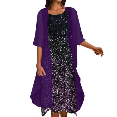 2 Pieces Mother of The Bride Dresses for Wedding with Jacket Knee Length Lace Applique Wedding Guest (X6-Purple, XXL)