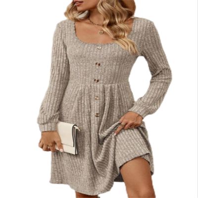 Punki Cable Knit Sweater Dress for Women Square Neck Long Sleeve Front Button A Line Cute Mini Dress (US, Alpha, Large, Regular, Regular, Gray)
