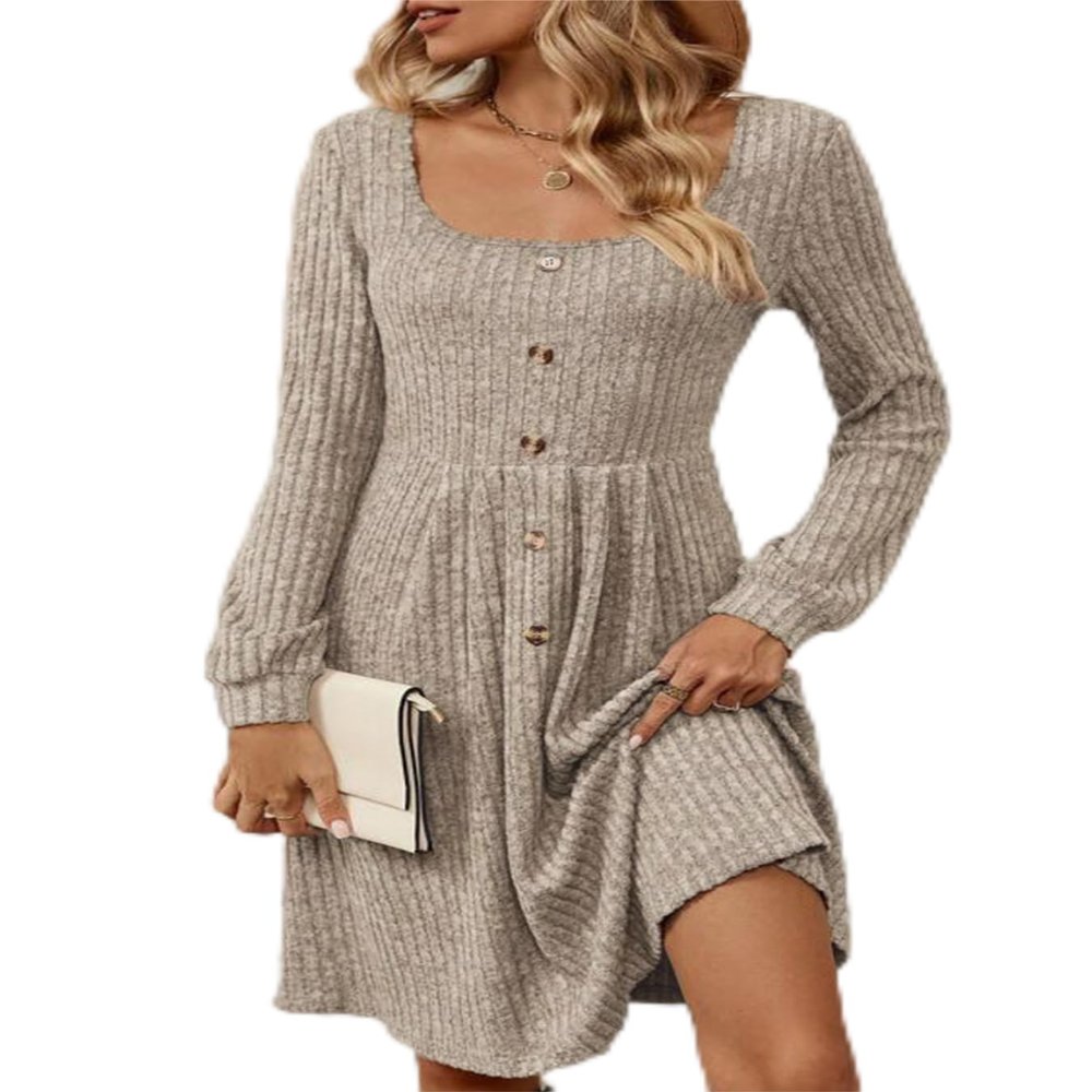 Punki Cable Knit Sweater Dress for Women Square Neck Long Sleeve Front Button A Line Cute Mini Dress (US, Alpha, Large, Regular, Regular, Gray)