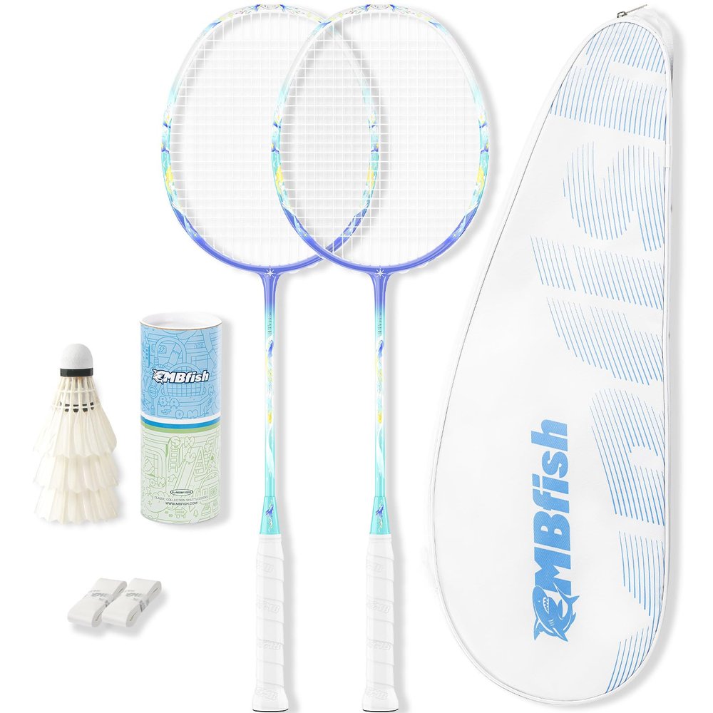 MBFISH Badminton Racket Set with 2 Carbon Fiber Rackets, 3 Shuttlecocks, 2 Replacement Racket Grip Tapes and 1 Badminton Bag - Perfect for Beginners & Outdoor Games 4U Whale 2P