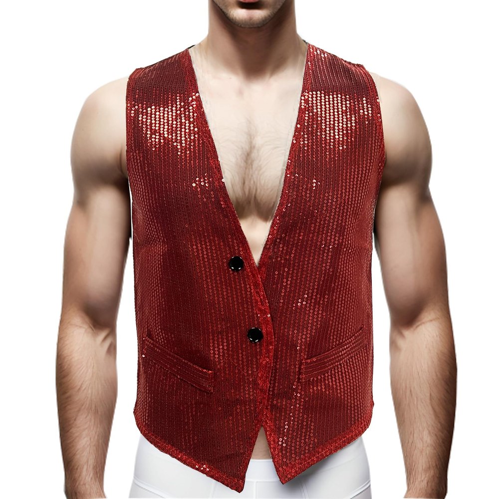 KKmeter Men's Sparkling Sequin Vest V-Neck Slim Fit Waistcoat for Dancing Christmas Party Wedding Prom Events (US, Alpha, X-Large, Regular, Regular, Red)