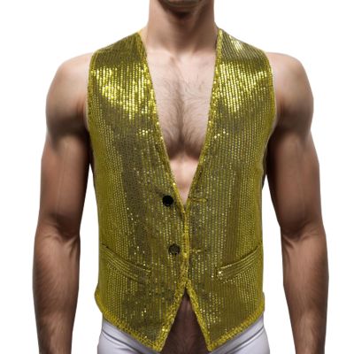 KKmeter Men's Sparkling Sequin Vest V-Neck Slim Fit Waistcoat for Dancing Christmas Party Wedding Prom Events (US, Alpha, Large, Regular, Regular, Gold)