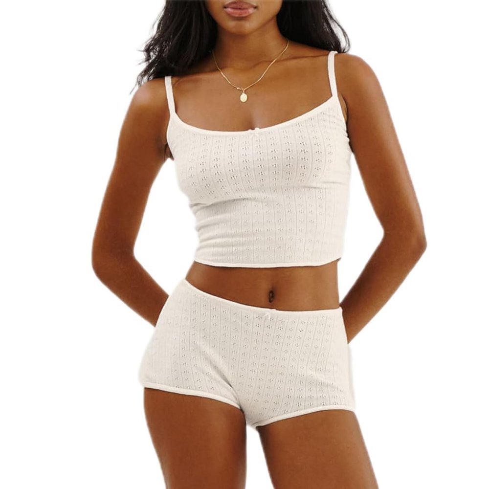 Mxiqqpltky Womens Pajamas Shorts Set Y2K Floral Print Cami Crop Top and Bodycon Shorts Sexy Two Piece Outfits Loungewear(H-White,Large)