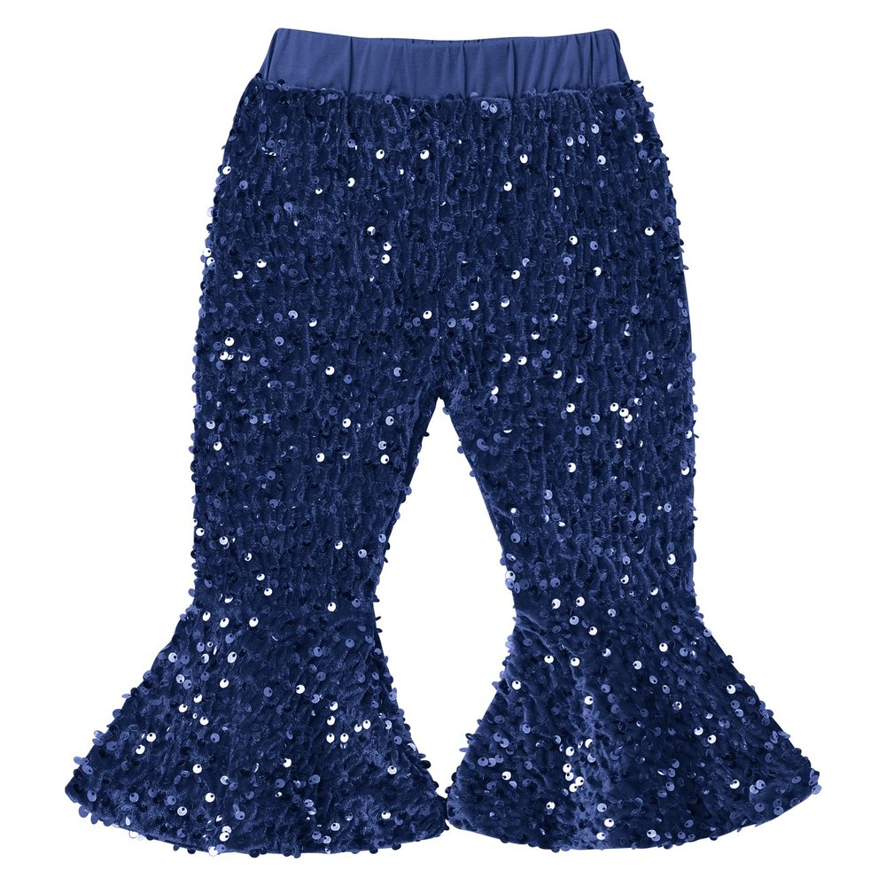 IMEKIS Toddler Girls Fall Sparkly Bell Bottom Pants Cute Solid Medium Rise Velvet Sequins Flare Legs Christmas Party Trousers Navy Blue 18-24 Months