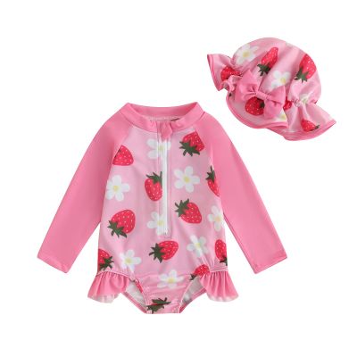 Infant Toddler Baby Girl One-Piece Swimsuit Floral/Flamingo Print Zipper Long Sleeve Ruffled Swimwear Bathing Suit (Hat-Strawberry 03, 2-3 Years)