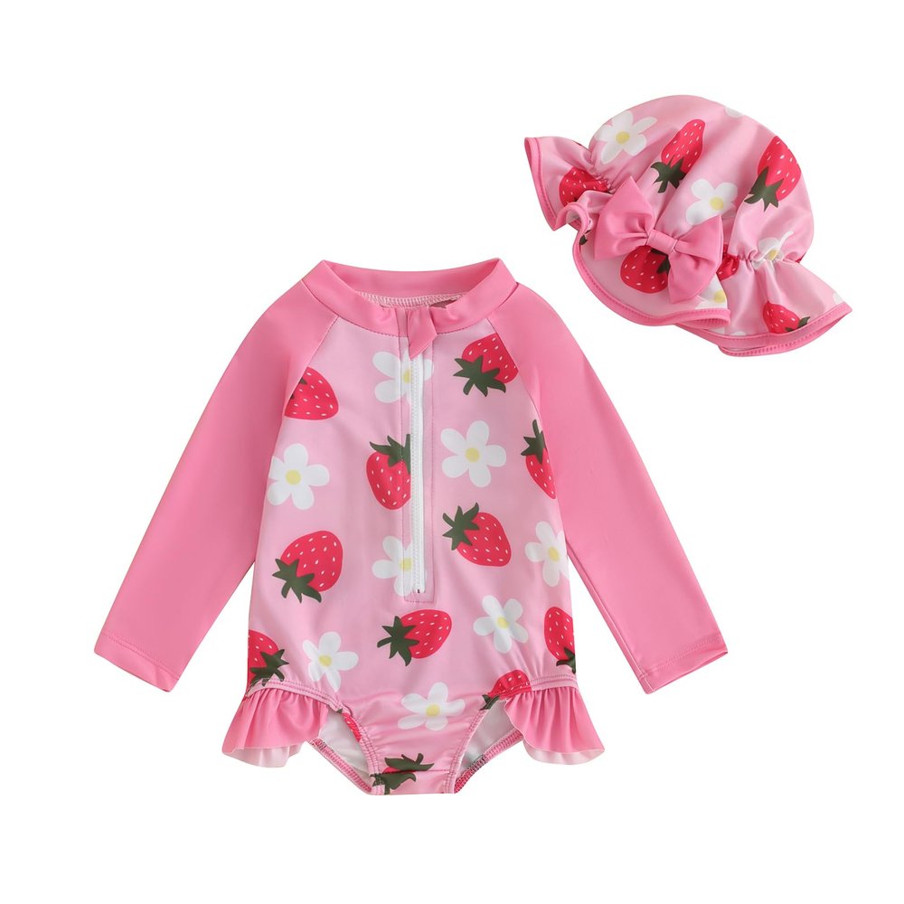 Infant Toddler Baby Girl One-Piece Swimsuit Floral/Flamingo Print Zipper Long Sleeve Ruffled Swimwear Bathing Suit (Hat-Strawberry 03, 2-3 Years)