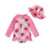Infant Toddler Baby Girl One-Piece Swimsuit Floral/Flamingo Print Zipper Long Sleeve Ruffled Swimwear Bathing Suit (Hat-Strawberry 03, 2-3 Years) view 1