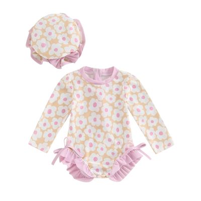 Infant Toddler Baby Girl One-Piece Swimsuit Floral/Flamingo Print Zipper Long Sleeve Ruffled Swimwear Bathing Suit (Hat-Pink 2024, 2-3 Years)