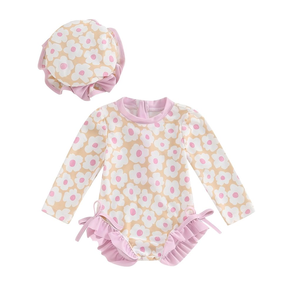 Infant Toddler Baby Girl One-Piece Swimsuit Floral/Flamingo Print Zipper Long Sleeve Ruffled Swimwear Bathing Suit (Hat-Pink 2024, 2-3 Years)