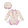 Infant Toddler Baby Girl One-Piece Swimsuit Floral/Flamingo Print Zipper Long Sleeve Ruffled Swimwear Bathing Suit (Hat-Pink 2024, 2-3 Years) view 1