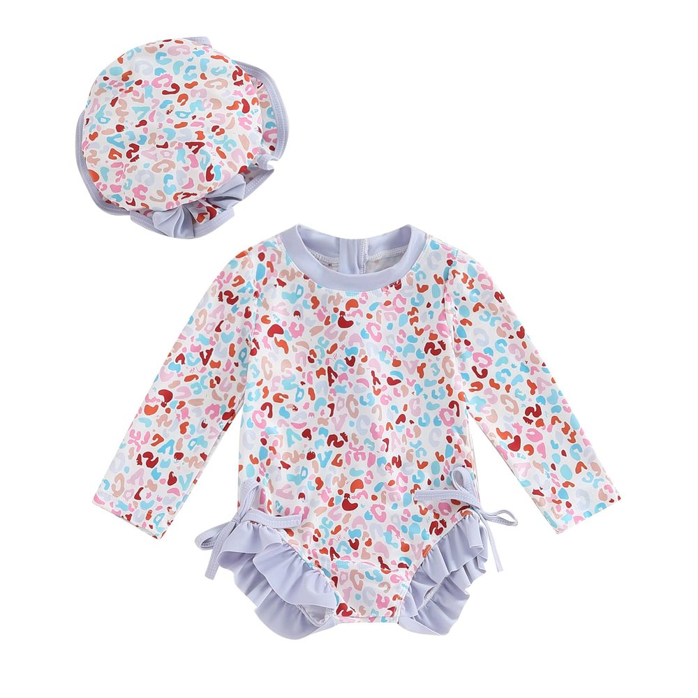 Infant Toddler Baby Girl One-Piece Swimsuit Floral/Flamingo Print Zipper Long Sleeve Ruffled Swimwear Bathing Suit (Hat-Purple 2024, 2-3 Years)