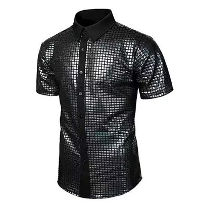 xoxingysm Mens Sequin Dress Shirt Short Sleeve Hipster Sparkly Metallic 70s Disco Costume Nightclub Party Holographic Button Down T Shirt