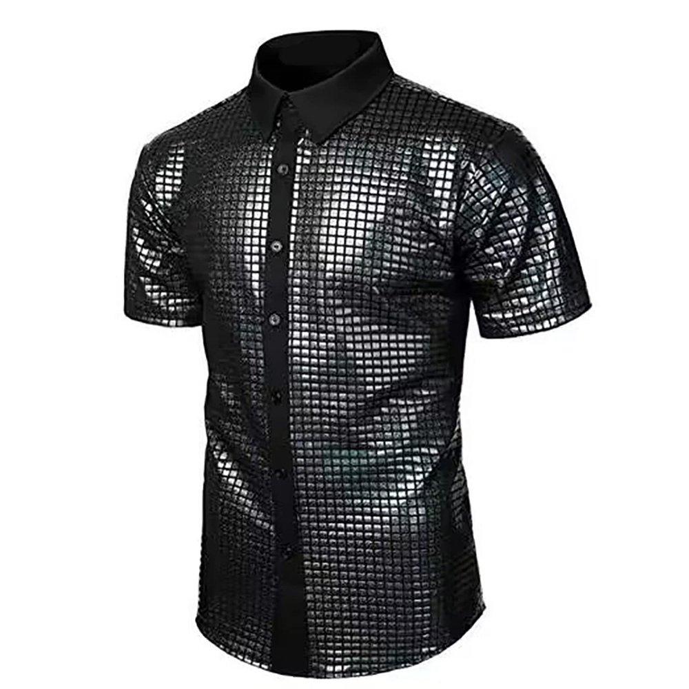xoxingysm Mens Sequin Dress Shirt Short Sleeve Hipster Sparkly Metallic 70s Disco Costume Nightclub Party Holographic Button Down T Shirt